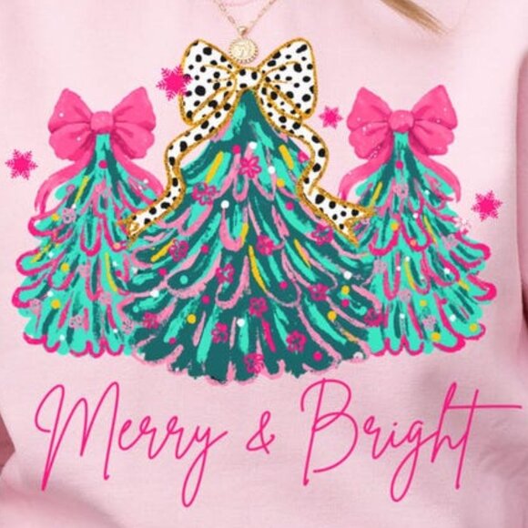Christmas Sweatshirt Merry Bright Xmas Tree Sweater Pink Holiday Festive Bow 05 - Picture 2 of 5
